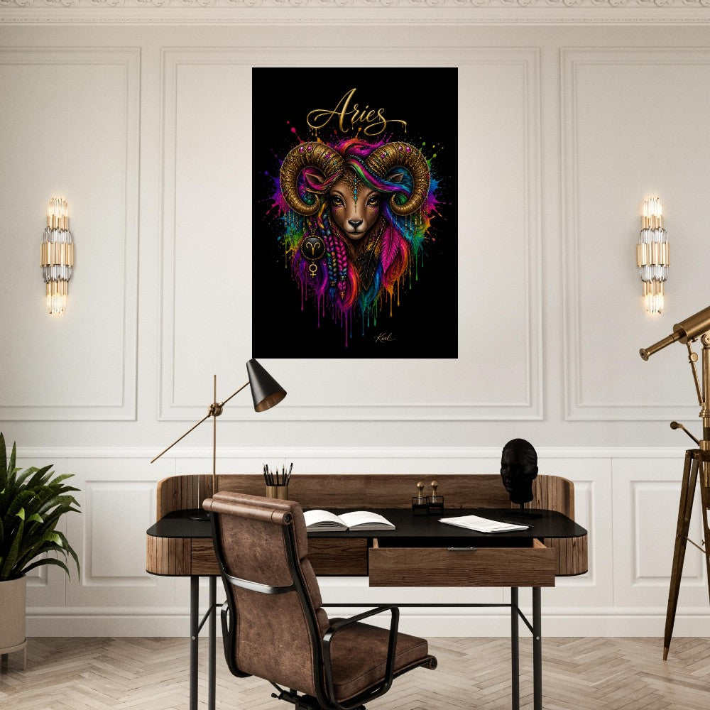 Vædderen Neon Stjernetegn Plakat, Farverig Vægkunst, Kunstnerisk Astrologi Lærred, Stjernetegnsgave til Hende, Danish Art Studio