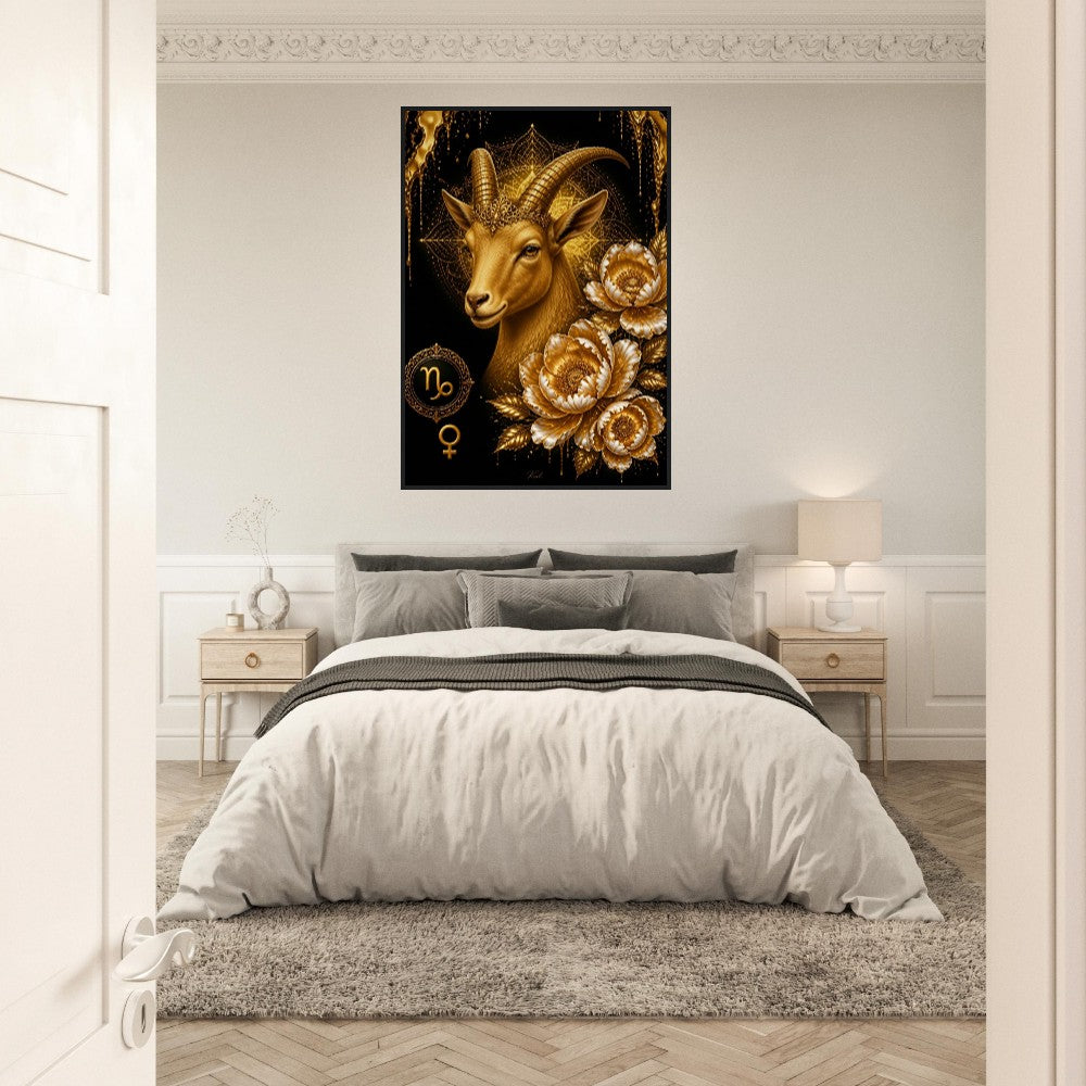 Capricorn Zodiac Goat Poster, Gold Wall Art, Astrology Canvas, Goat Portrait, Zodiac Gift for Her, Danish Art Studio