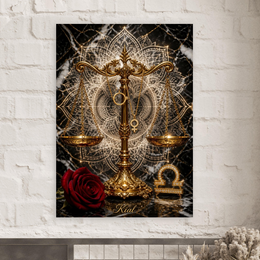 Libra Zodiac Scales Poster, Gold Wall Art, Astrology Canvas, Scales Portrait, Zodiac Gift for Her, Danish Art Studio