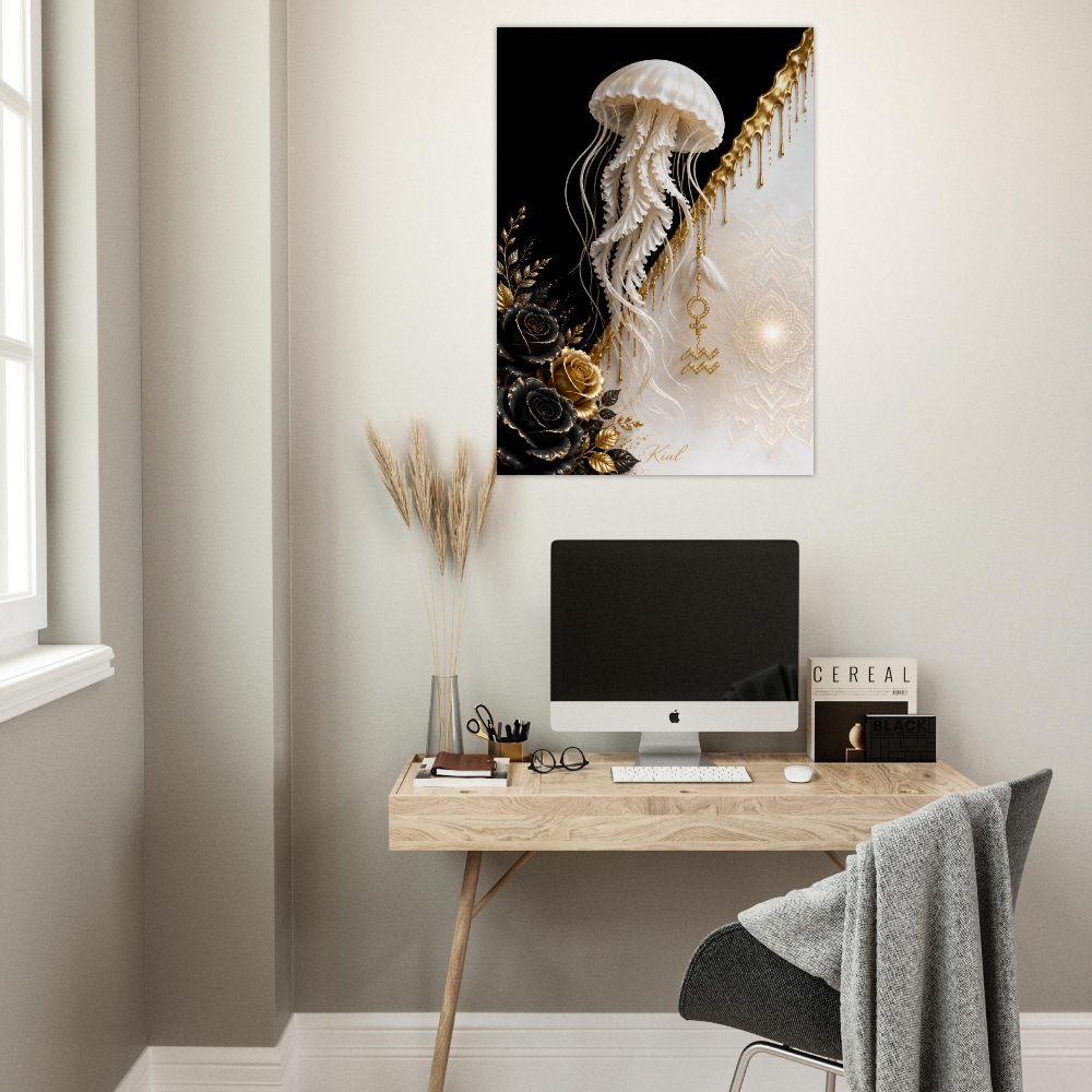 Aquarius Zodiac Jellyfish Poster, Gold Wall Art, Zodiac Gift for Her, Danish Art Studio