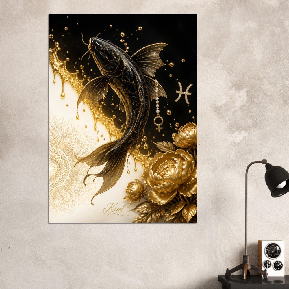 Pisces Zodiac Koi Poster, Gold Wall Art, Astrology Canvas, Koi Portrait, Zodiac Gift for Her, Danish Art Studio
