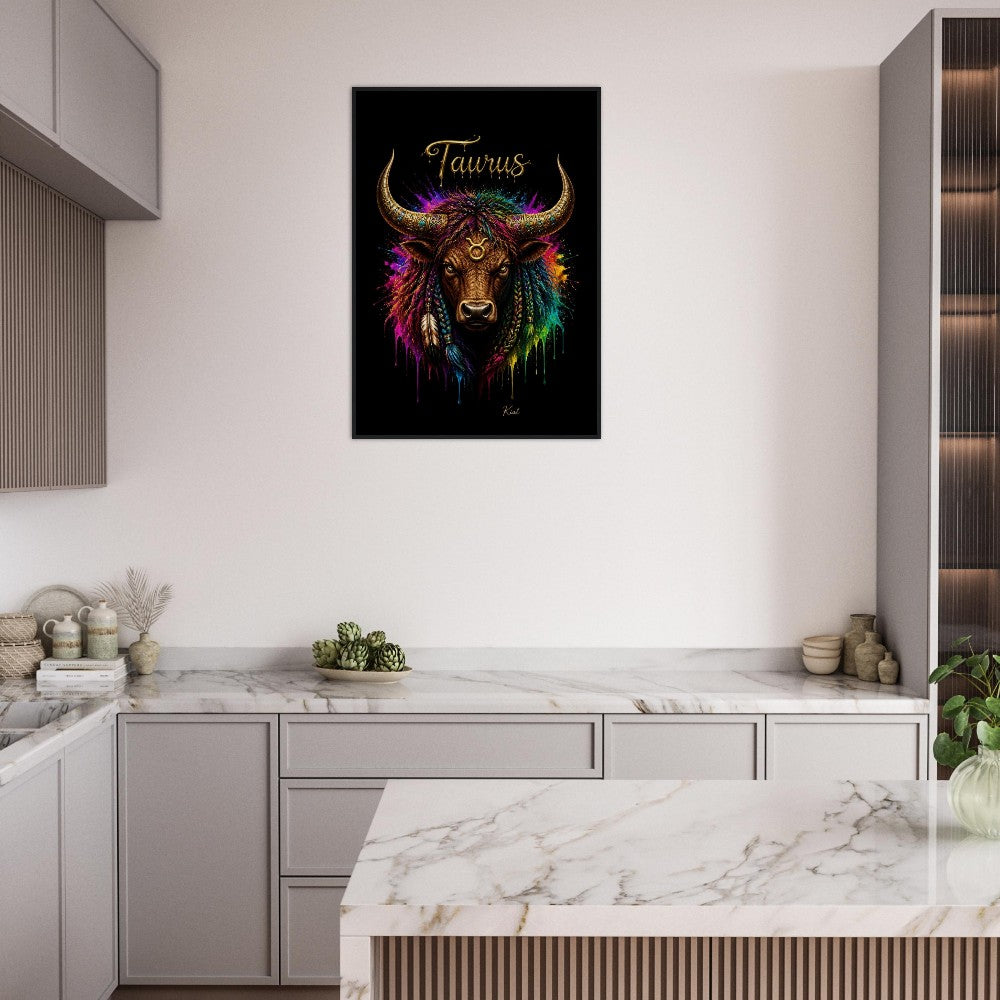 Taurus Neon Zodiac Bull Poster, Colorful Wall Art, Artistic Astrology Canvas, Zodiac Gift for Him, Danish Art Studio