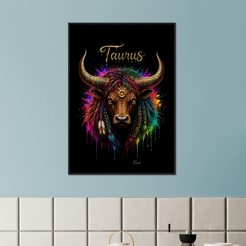 Taurus Neon Zodiac Bull Poster, Colorful Wall Art, Artistic Astrology Canvas, Zodiac Gift for Him, Danish Art Studio