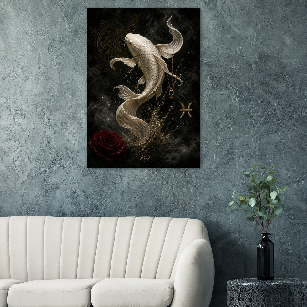 Pisces Zodiac Koi Poster, Gold Wall Art, Astrology Canvas, Koi Portrait, Zodiac Gift for Her, Danish Art Studio