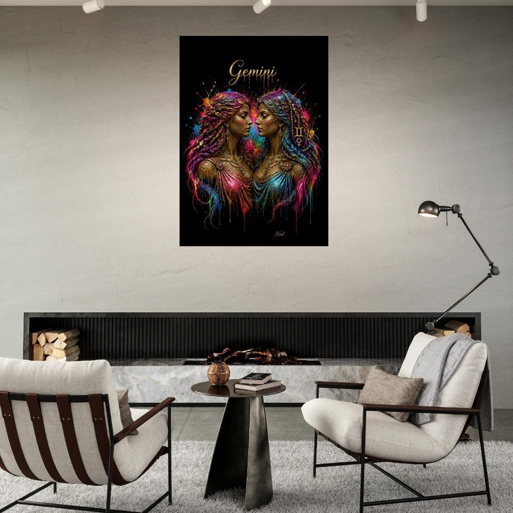Gemini Neon Zodiac Tvillinger Plakat, Farverig Vægkunst, Kunstnerisk Astrologi Lærred, Horoskop Gave til Hende, Danish Art Studio