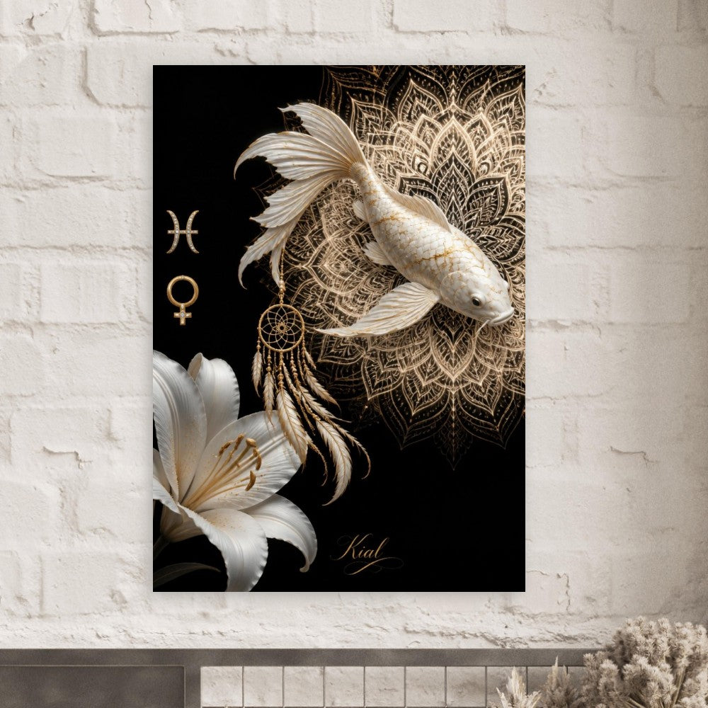 Pisces Zodiac Koi Poster, Gold Wall Art, Astrology Canvas, Koi Portrait, Zodiac Gift for Her, Danish Art Studio