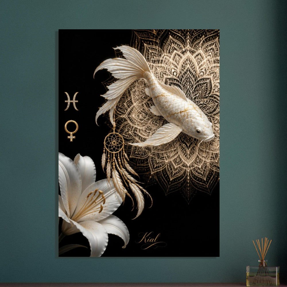 Pisces Zodiac Koi Poster, Gold Wall Art, Astrology Canvas, Koi Portrait, Zodiac Gift for Her, Danish Art Studio