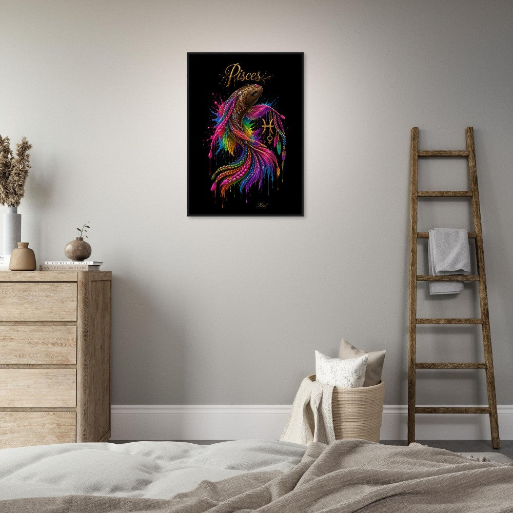 Pisces Neon Zodiac Koi Poster, Colorful Wall Art, Artistic Astrology Canvas, Zodiac Gift for Her, Danish Art Studio