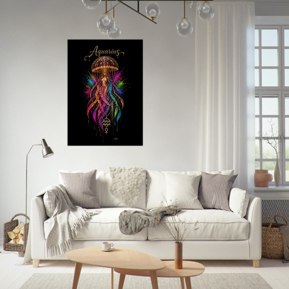 Aquarius Neon Stjernetegn Medusa Plakat, Farverig Vægkunst, Stjernetegnsgave til Ham, Danish Art Studio
