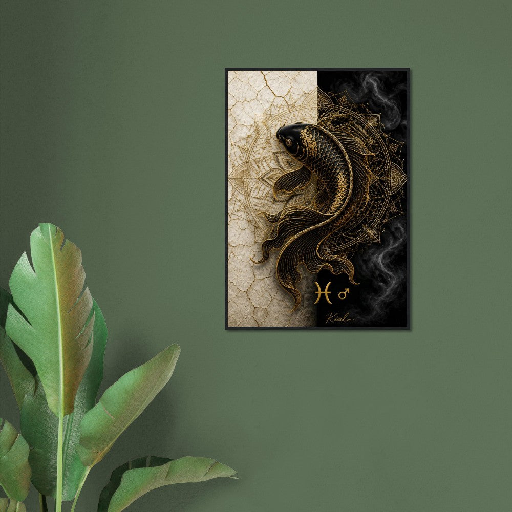 Pisces Zodiac Koi Poster, Gold Wall Art, Astrology Canvas, Koi Portrait, Zodiac Gift for Him, Danish Art Studio