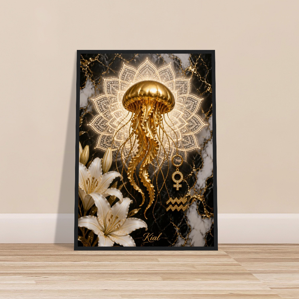 Aquarius Zodiac Jellyfish Poster, Gold Wall Art, Zodiac Gift for Her, Danish Art Studio