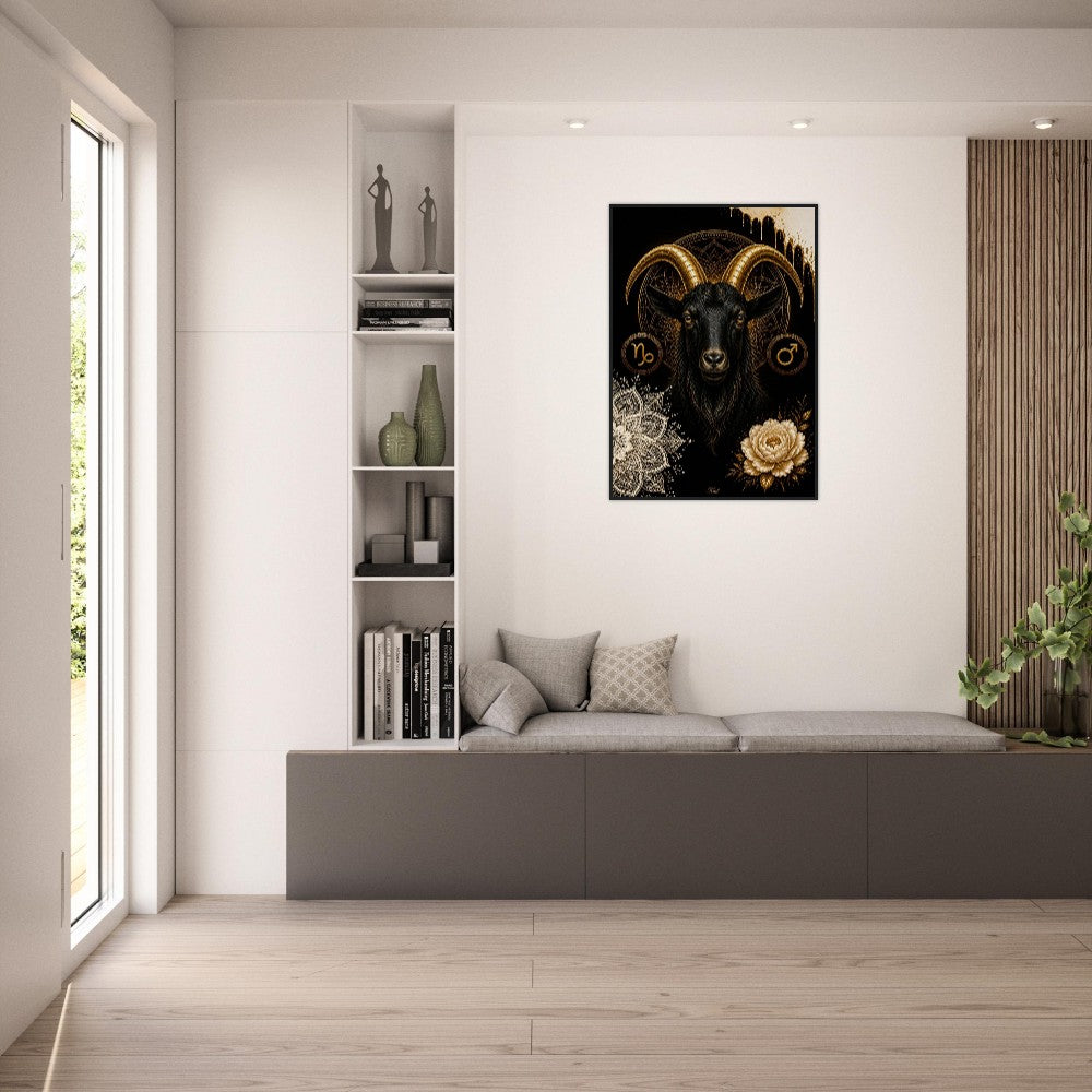 Capricorn Zodiac Goat Poster, Gold Wall Art, Astrology Canvas, Goat Portrait, Zodiac Gift for Him, Danish Art Studio