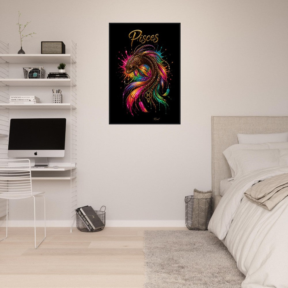 Pisces Neon Zodiac Koi Poster, Colorful Wall Art, Artistic Astrology Canvas, Zodiac Gift for Her, Danish Art Studio