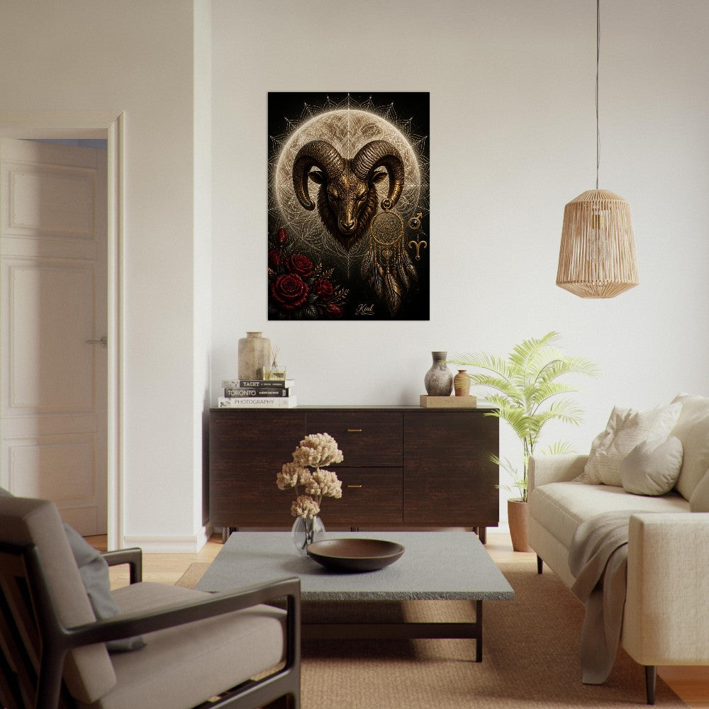 Aries Zodiac Ram Poster, Gold Wall Art, Astrology Canvas, Ram Portrait, Zodiac Gift for Him, Danish Art Studio