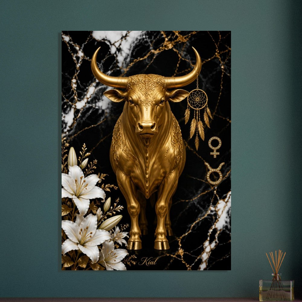 Taurus Zodiac Bull Poster, Gold Wall Art, Astrology Canvas, Bull Portrait, Zodiac Gift for Her, Danish Art Studio