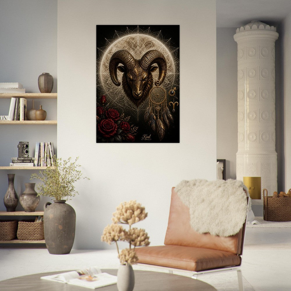 Aries Zodiac Ram Poster, Gold Wall Art, Astrology Canvas, Ram Portrait, Zodiac Gift for Him, Danish Art Studio