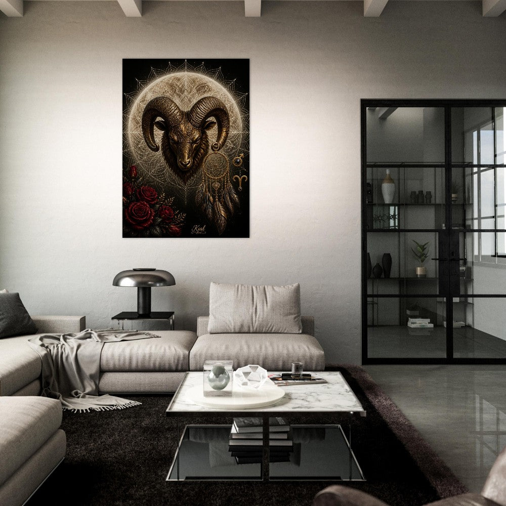 Aries Zodiac Ram Poster, Gold Wall Art, Astrology Canvas, Ram Portrait, Zodiac Gift for Him, Danish Art Studio