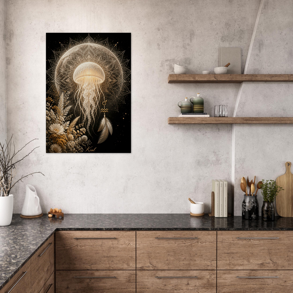 Aquarius Zodiac Jellyfish Poster, Gold Wall Art, Zodiac Gift for Him, Danish Art Studio