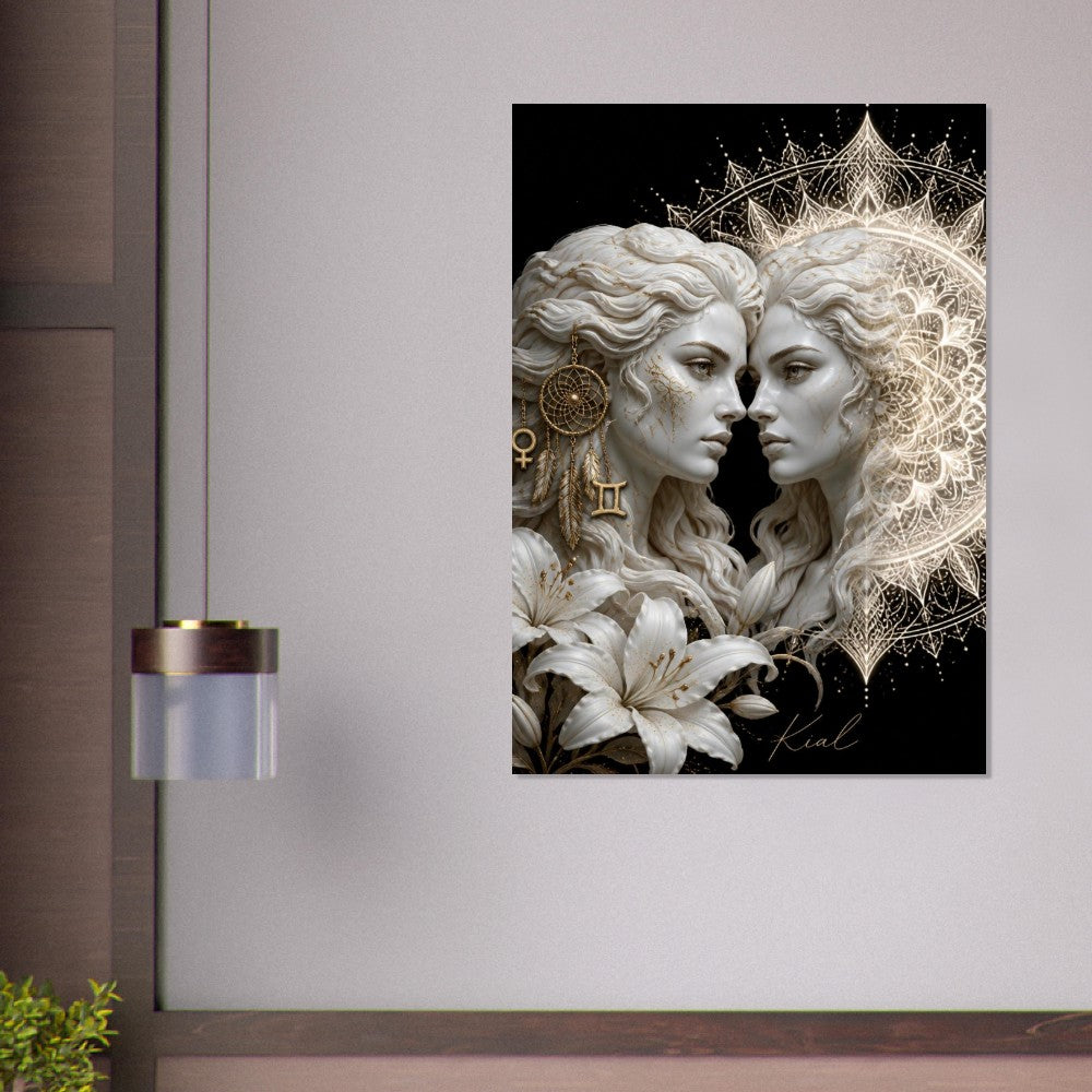 Gemini Zodiac Twins Poster, Gold Wall Art, Astrology Canvas, Twins Portrait, Zodiac Gift for Her, Danish Art Studio