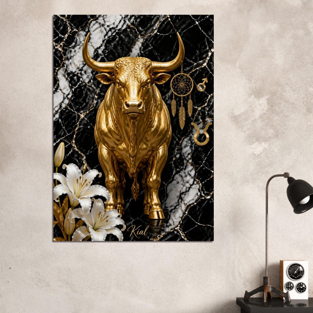 Taurus Zodiac Bull Poster, Gold Wall Art, Astrology Canvas, Bull Portrait, Zodiac Gift for Him, Danish Art Studio