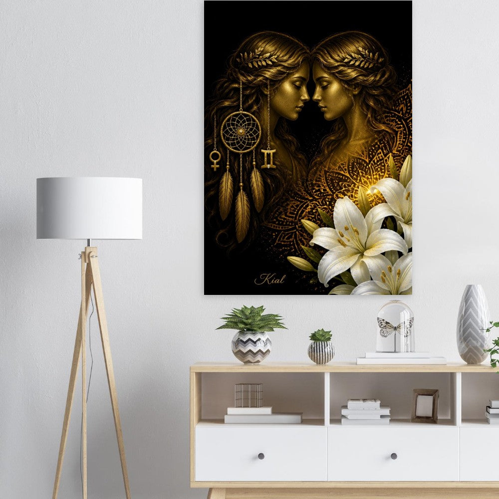 Gemini Zodiac Twins Poster, Gold Wall Art, Astrology Canvas, Twins Portrait, Zodiac Gift for Her, Danish Art Studio
