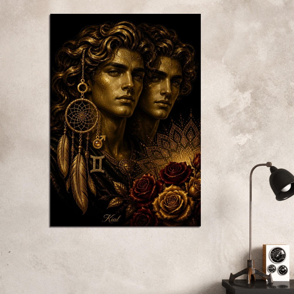 Gemini Zodiac Twins Poster, Gold Wall Art, Astrology Canvas, Twins Portrait, Zodiac Gift for Him, Danish Art Studio