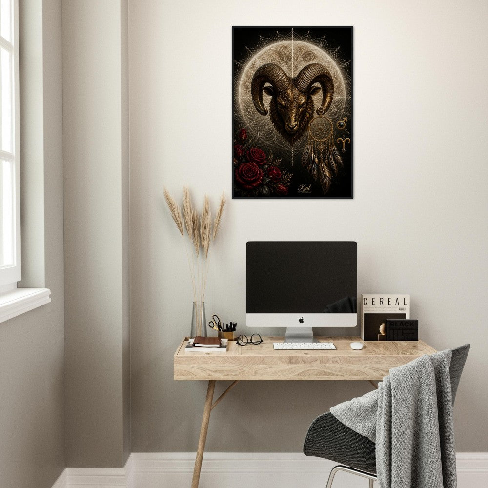 Aries Zodiac Ram Poster, Gold Wall Art, Astrology Canvas, Ram Portrait, Zodiac Gift for Him, Danish Art Studio