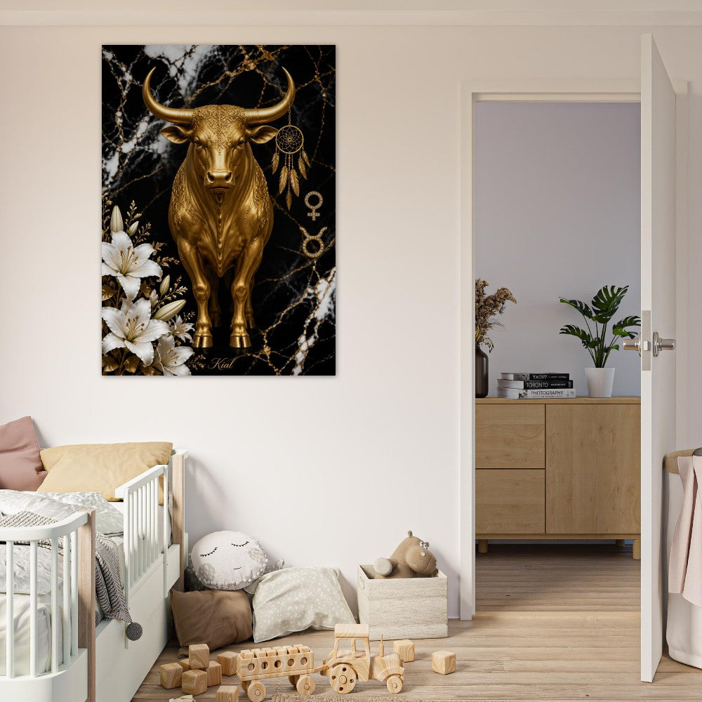 Taurus Zodiac Bull Poster, Gold Wall Art, Astrology Canvas, Bull Portrait, Zodiac Gift for Her, Danish Art Studio