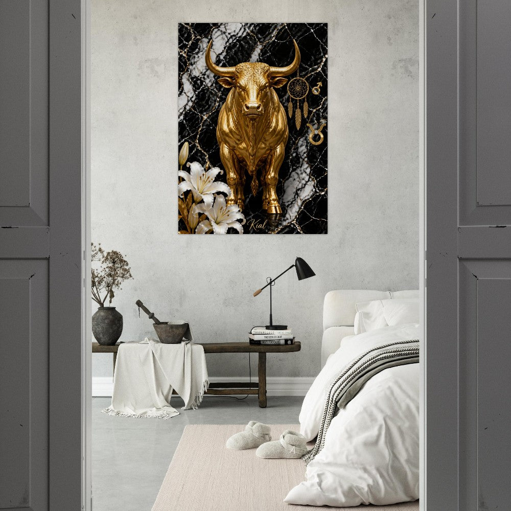 Taurus Zodiac Bull Poster, Gold Wall Art, Astrology Canvas, Bull Portrait, Zodiac Gift for Him, Danish Art Studio