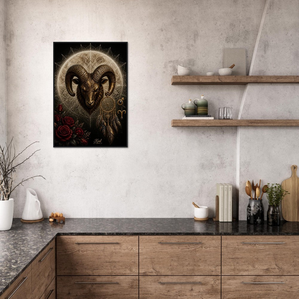 Aries Zodiac Ram Poster, Gold Wall Art, Astrology Canvas, Ram Portrait, Zodiac Gift for Him, Danish Art Studio