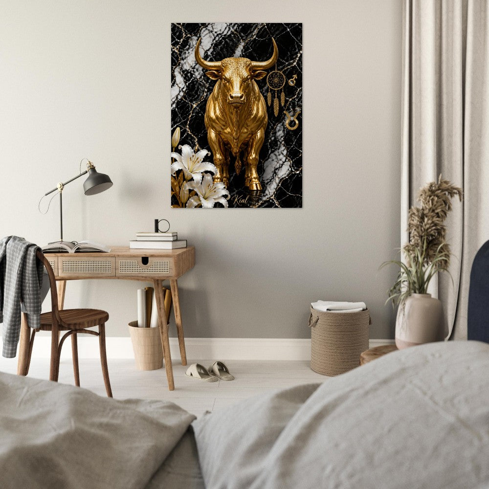Taurus Zodiac Bull Poster, Gold Wall Art, Astrology Canvas, Bull Portrait, Zodiac Gift for Him, Danish Art Studio