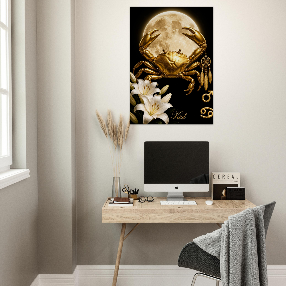 Cancer Zodiac Crab Poster, Gold Wall Art, Astrology Canvas, Crab Portrait, Zodiac Gift for Him, Danish Art Studio