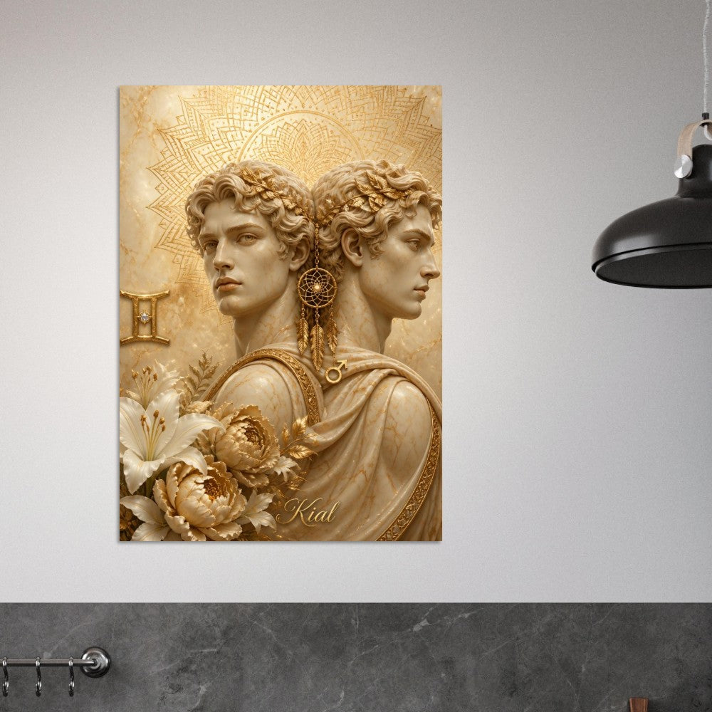 Gemini Zodiac Twins Poster, Gold Wall Art, Astrology Canvas, Twins Portrait, Zodiac Gift for Him, Danish Art Studio