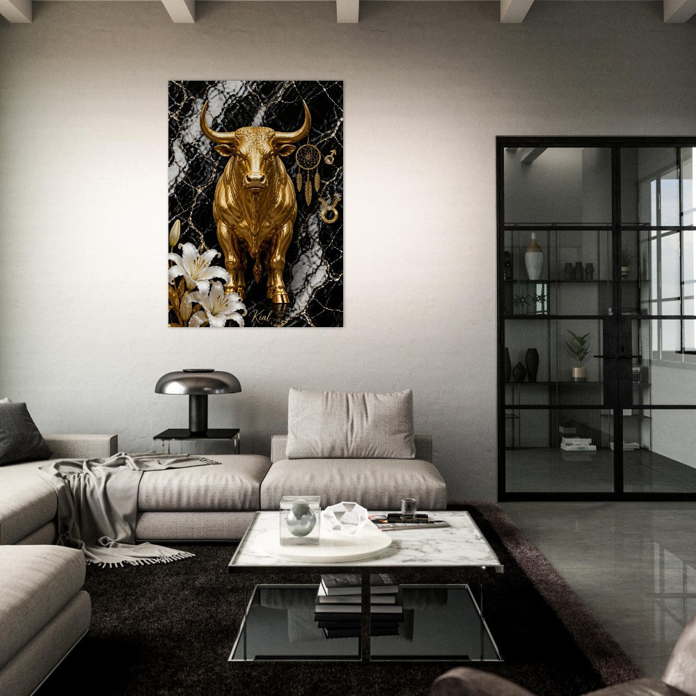 Taurus Zodiac Bull Poster, Gold Wall Art, Astrology Canvas, Bull Portrait, Zodiac Gift for Him, Danish Art Studio