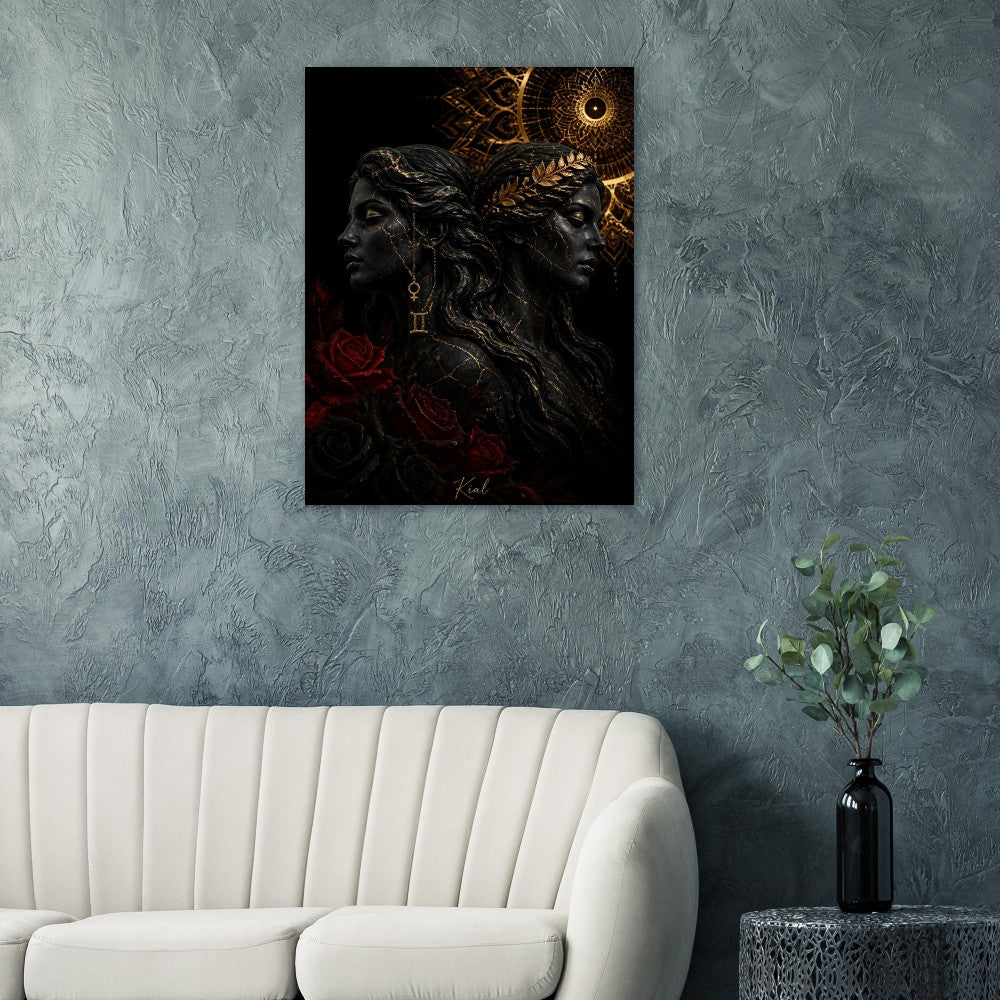 Gemini Zodiac Twins Poster, Gold Wall Art, Astrology Canvas, Twins Portrait, Zodiac Gift for Her, Danish Art Studio