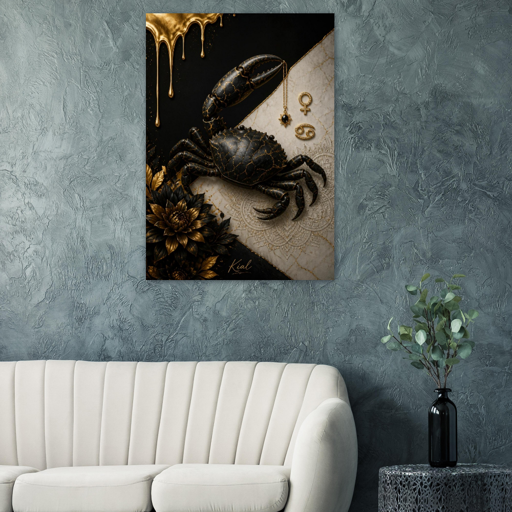 Cancer Zodiac Crab Poster, Gold Wall Art, Astrology Canvas, Crab Portrait, Zodiac Gift for Her, Danish Art Studio