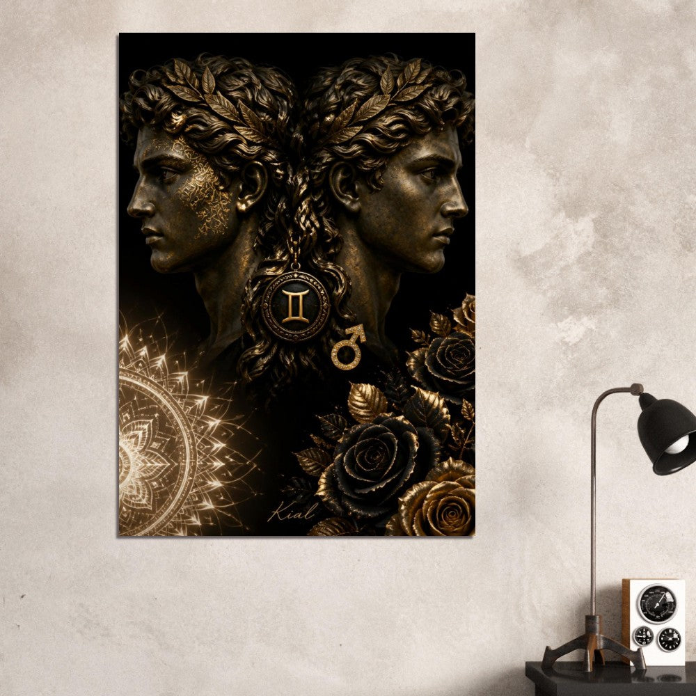 Gemini Zodiac Twins Poster, Gold Wall Art, Astrology Canvas, Twins Portrait, Zodiac Gift for Him, Danish Art Studio