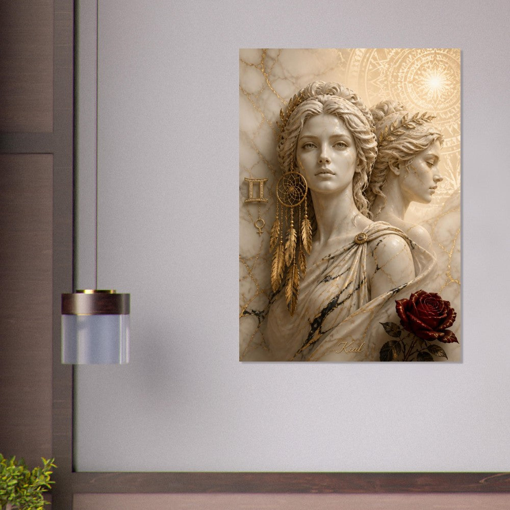 Gemini Zodiac Twins Poster, Gold Wall Art, Astrology Canvas, Twins Portrait, Zodiac Gift for Her, Danish Art Studio