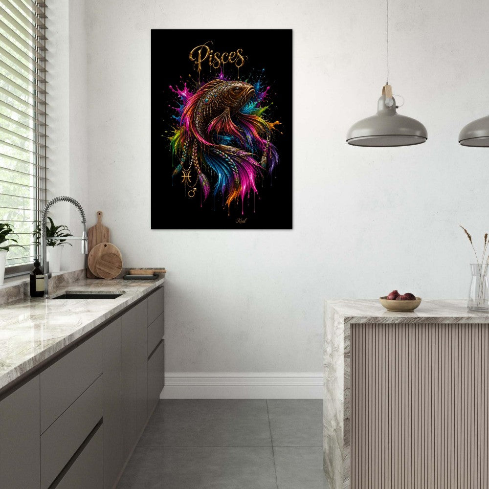 Pisces Neon Zodiac Koi Poster, Colorful Wall Art, Artistic Astrology Canvas, Zodiac Gift for Him, Danish Art Studio