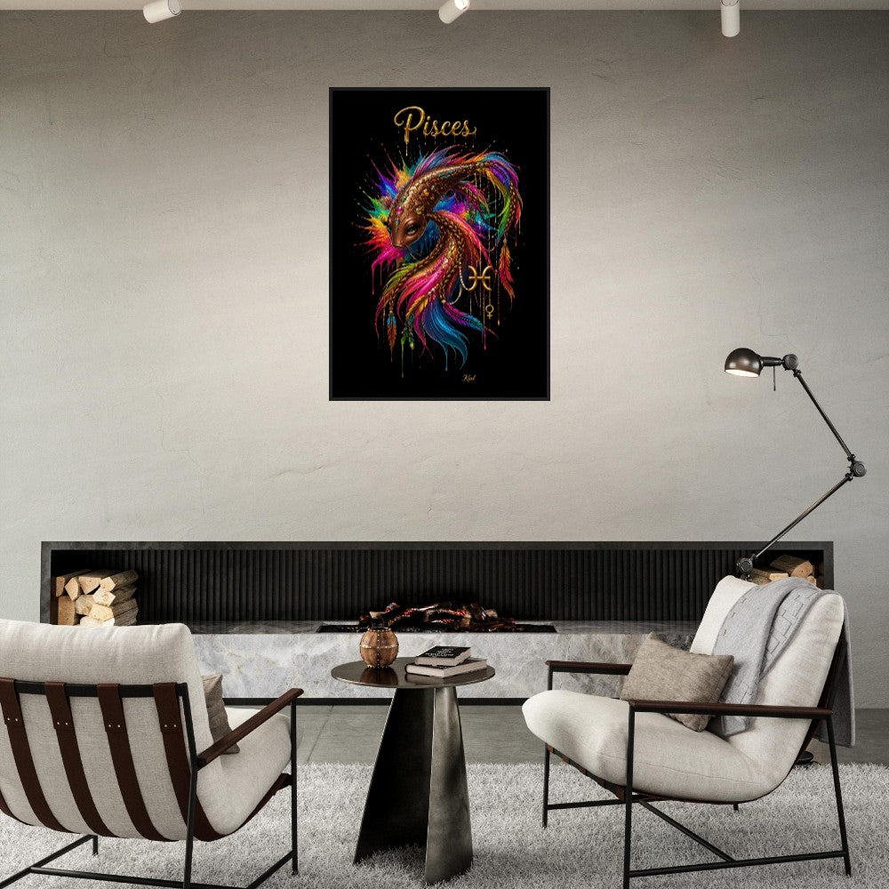 Pisces Neon Zodiac Koi Poster, Colorful Wall Art, Artistic Astrology Canvas, Zodiac Gift for Her, Danish Art Studio