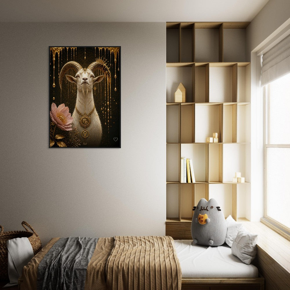 Capricorn Zodiac Goat Poster, Gold Wall Art, Astrology Canvas, Goat Portrait, Zodiac Gift for Her, Danish Art Studio
