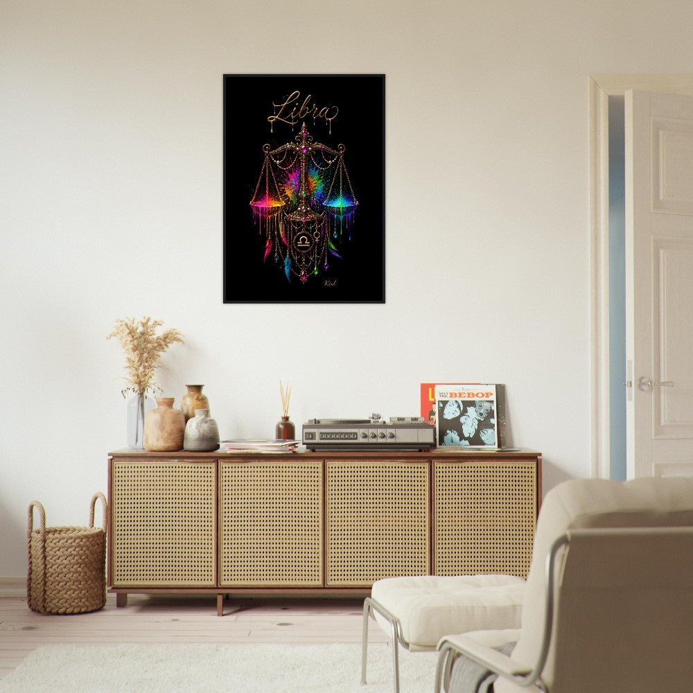 Libra Neon Zodiac Scales Poster, Colorful Wall Art, Artistic Astrology Canvas, Zodiac Gift for Her, Danish Art Studio
