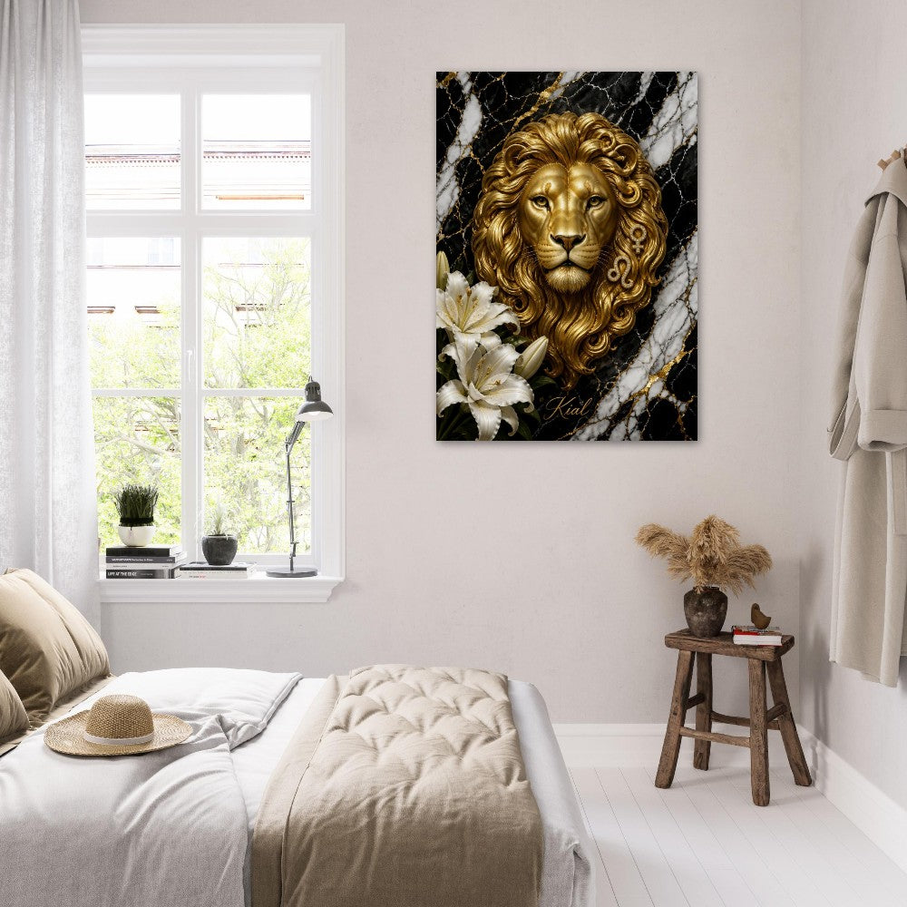 Leo Zodiac Lion Poster, Gold Wall Art, Astrology Canvas, Lion Portrait, Zodiac Gift for Her, Danish Art Studio