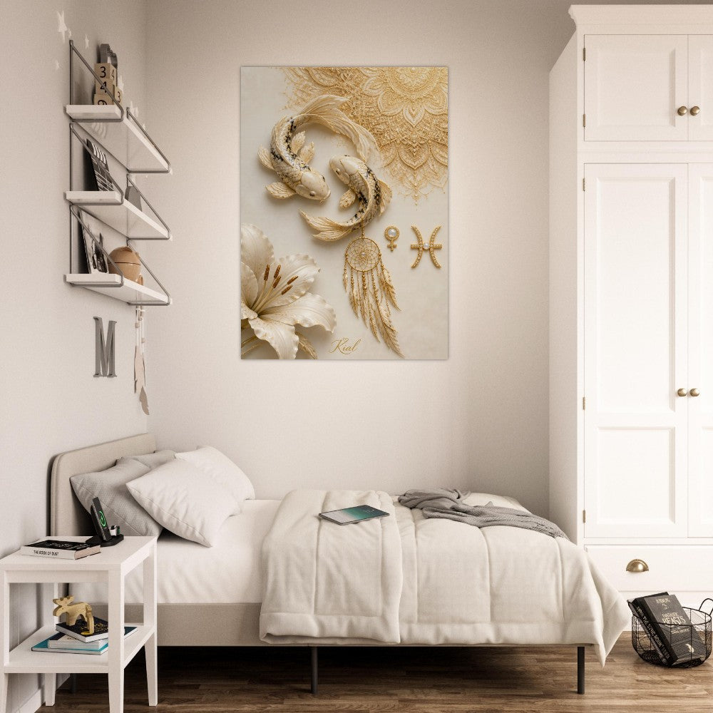 Pisces Zodiac Koi Poster, Gold Wall Art, Astrology Canvas, Koi Portrait, Zodiac Gift for Her, Danish Art Studio
