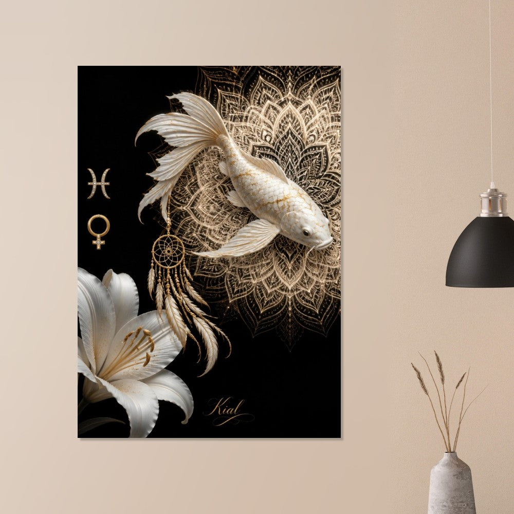 Pisces Zodiac Koi Poster, Gold Wall Art, Astrology Canvas, Koi Portrait, Zodiac Gift for Her, Danish Art Studio