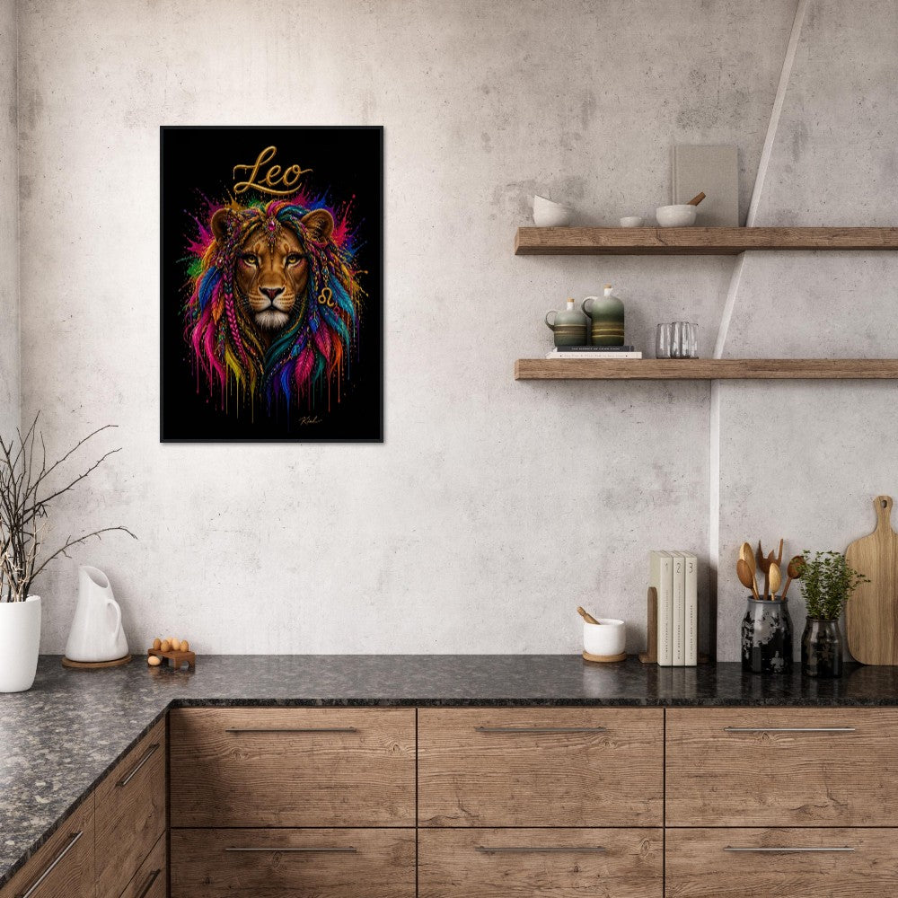 Leo Neon Zodiac Lion Poster, Colorful Wall Art, Artistic Astrology Canvas, Zodiac Gift for Her, Danish Art Studio