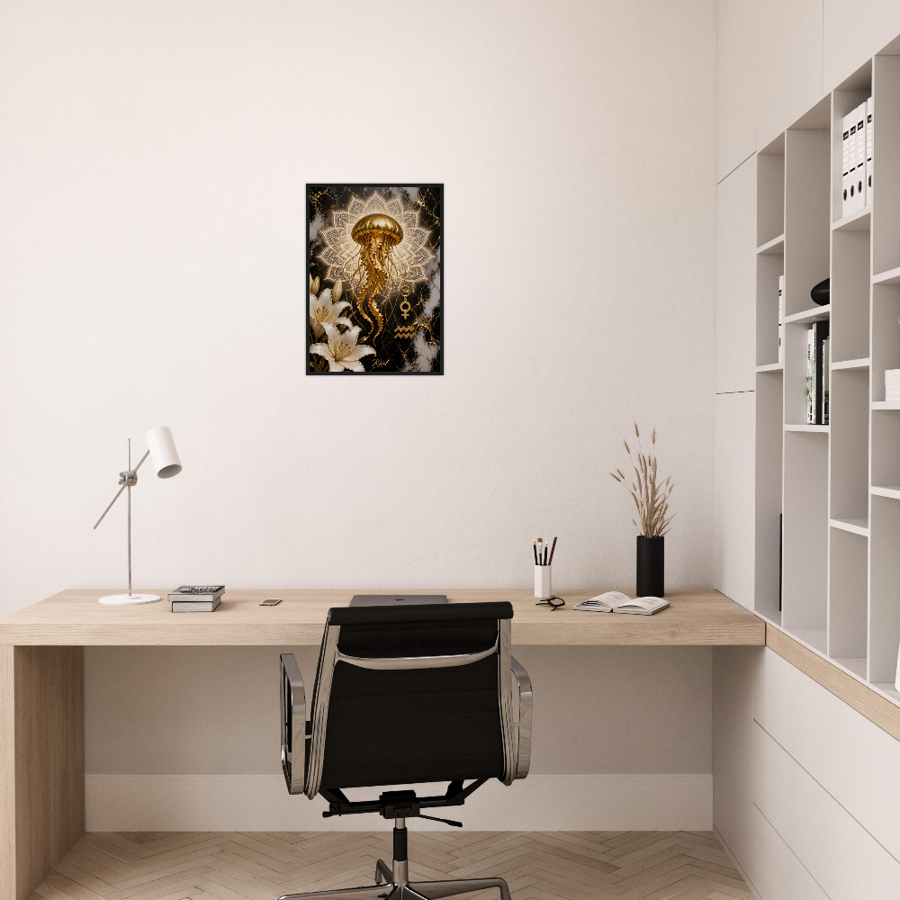 Aquarius Zodiac Jellyfish Poster, Gold Wall Art, Zodiac Gift for Her, Danish Art Studio