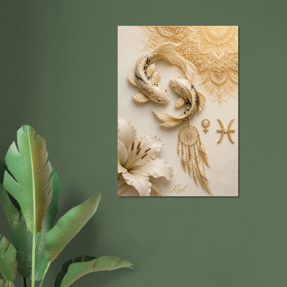 Pisces Zodiac Koi Poster, Gold Wall Art, Astrology Canvas, Koi Portrait, Zodiac Gift for Her, Danish Art Studio