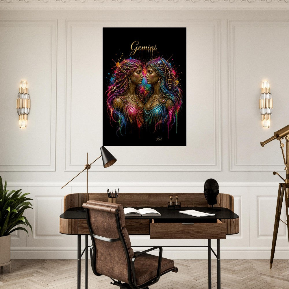 Gemini Neon Zodiac Twins Poster, Colorful Wall Art, Artistic Astrology Canvas, Zodiac Gift for Her, Danish Art Studio
