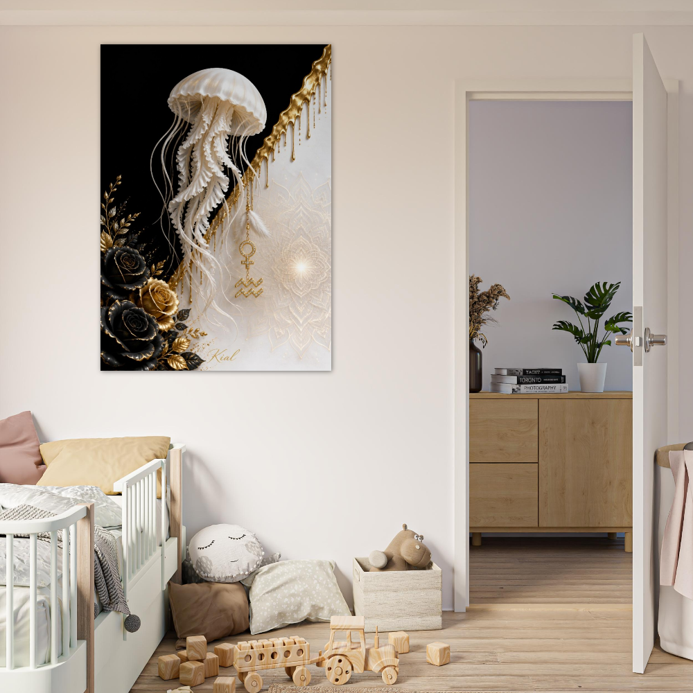 Aquarius Zodiac Jellyfish Poster, Gold Wall Art, Zodiac Gift for Her, Danish Art Studio